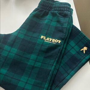 PLAYBOY Green and Navy Plaid Joggers with Gold Logo